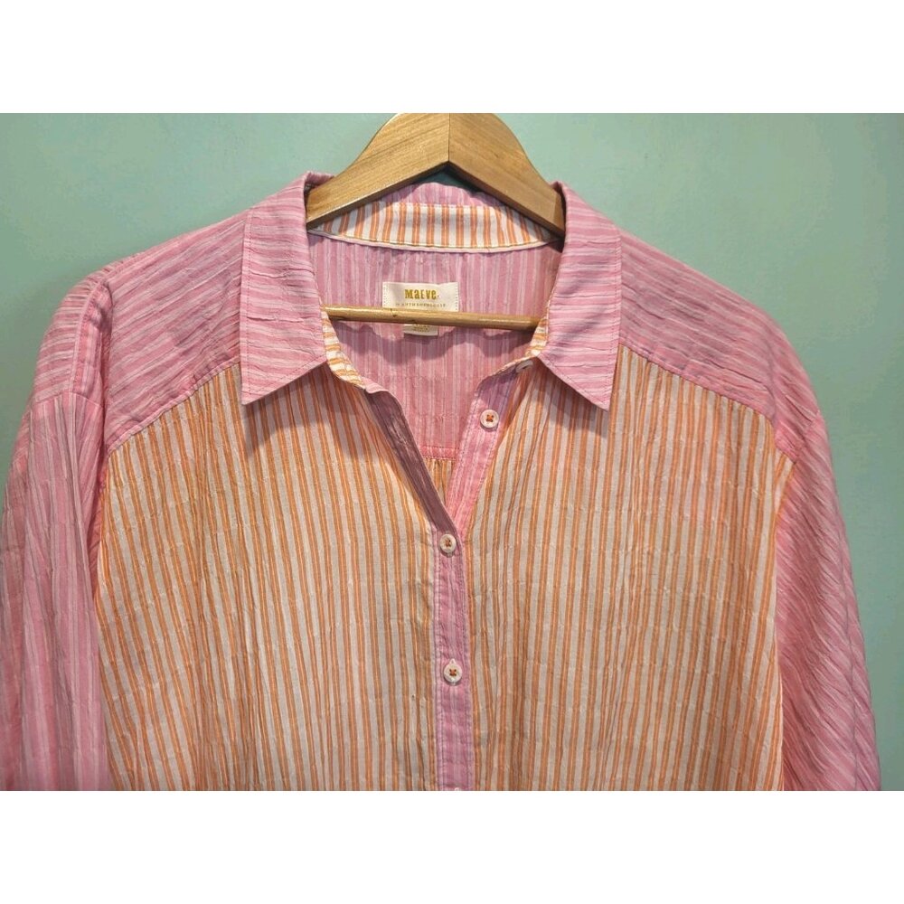 Maeve Pink Orange Stripe Long Sleeve Lightweight Oversized Button Up Shirt L - Picture 2 of 7